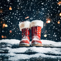 Santa Boots Standing On Snowy Rooftop At Night