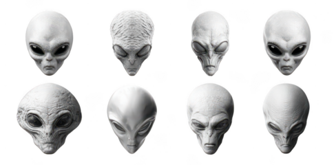 set of different gray alien heads isolated on a white background