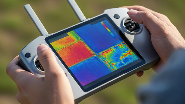 Person using drone controller displaying thermal imaging of farmland