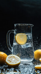 Lemon Water In Pitcher On Black Background