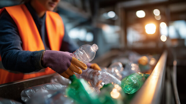 Faceless worker hands sorting recyclable plastic bottles recycling facility waste processing operation environmental work activity sustainability practice moment defocused ind