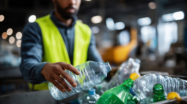 Faceless worker hands sorting recyclable plastic bottles recycling facility waste processing operation environmental work activity sustainability practice moment defocused ind