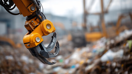 Close up view mechanical arm claw crane at landfill facility waste management operation garbage disposal visualization industrial equipment display defocused site background
