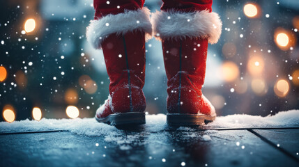 Christmas Santa Boots In Snow At Night