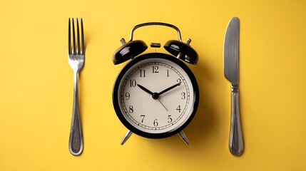 A still life of a classic black alarm clock with cutlery on a vibrant yellow backdrop
