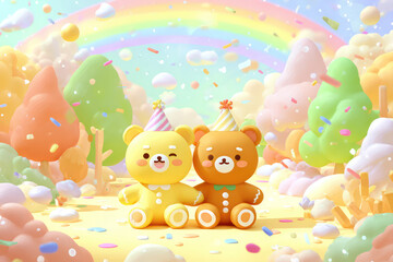 Obraz premium Yellow Bear,Ginger Bear,Wearing Party Hats and Riding Toy Train,Under Rainbow,In Candy Land,With Confetti