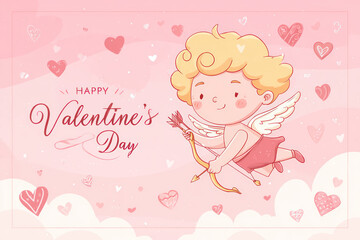 Cartoon Cupid Flying with Bow and Arrows on Valentines Day Background with Hearts