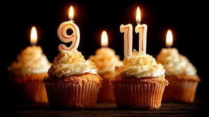 Close-up of cupcakes with lit candles spelling out numbers against a dark backdrop