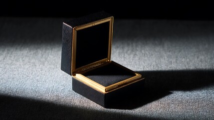 Open black gift box with gold trim resting on a textured gray surface, with light and shadow