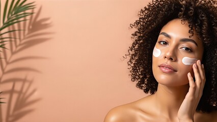 African American woman applying facial cream on her cheeks, showcasing a skincare routine with a soft peach background and natural lighting, emphasizing beauty and self-care
