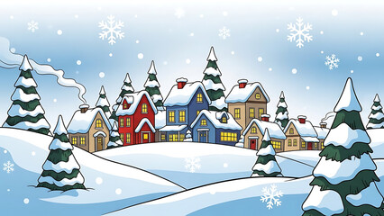 seamless pattern Winter City Scene, mountains and houses with Snowy