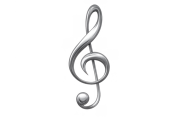 Silver treble clef forming musical symbol, metallic g-clef on transparent background for music concept