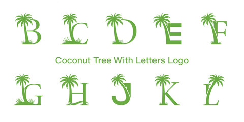 palm tree with alphabet logo Set.  Creative retro tropical beach logo with palm trees.  © Masum