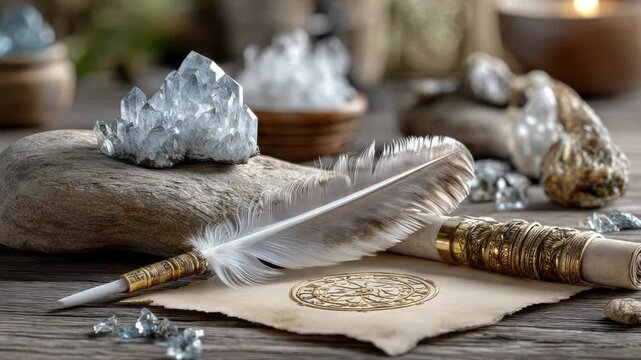 Enchanting still life of a natal birth chart on aged parchment with a quill, healing crystals and rolled scroll, evoking astrology, mysticism and spiritual ritual guidance