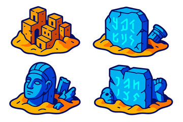 Fototapeta premium Fictional Paleontology Artifacts. Isometric vector illustration set Paleontology of Fictional Civilizations: ancient city blocks