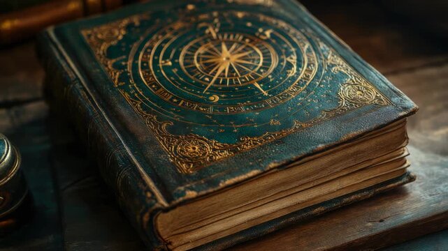 This vintage leather book showcases a beautifully embossed gold celestial chart on its cover, inspiring thoughts of astrology, stargazing, and ancient wisdom that has been lost to time