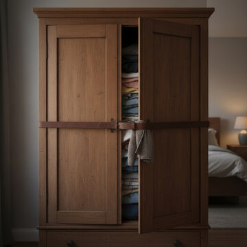 An overflowing wardrobe with clothes, tightened with a belt.