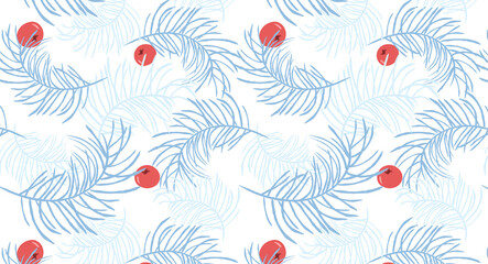 Hand Drawn Natural Pattern, Simple Winter Pattern with Branches and Berries, Vintage, Transparent