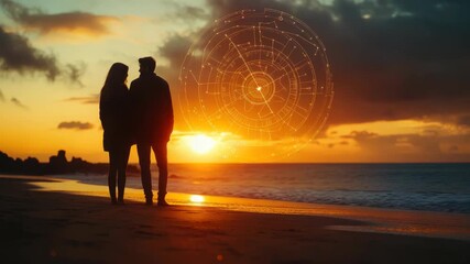 Loving couple strolling along a peaceful beach at sunset with a zodiac wheel in the foreground, symbolizing themes of romantic connection, fate, and astrological guidance
