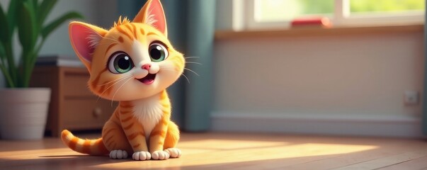 Playful cartoon cat, large eyes, sitting pose, activity, coloring, pet