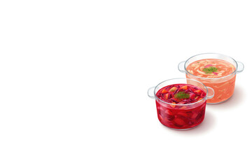 Two pots of red and light soup on a white background. Space for text.