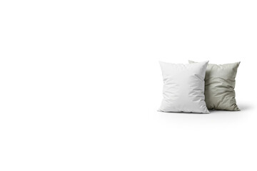Two pillows of different colors on a white background. Space for text.