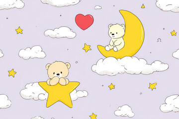 Teddy Bears on Moon and Star in Purple Sky with Clouds