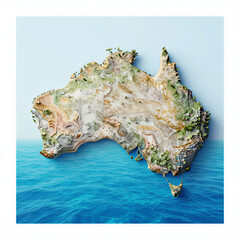Artistic poster featuring a 3D map of Australia, showcasing landscapes and oceans