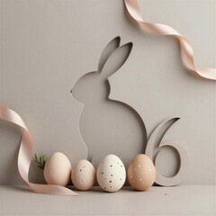 Elegant Easter composition for 2026 featuring a bunny silhouette and neutral-toned eggs
