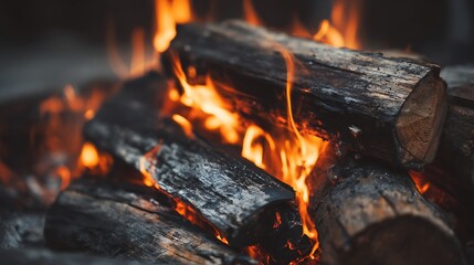 Close-up view of burning firewood logs, with bright orange flames consuming the wood