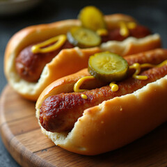 Grilled sausages in buns with pickles and mustard, appetizing snack on wooden board