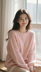 Beautiful woman in casual pink sweater, cozy indoor setting by the window