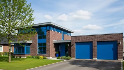 Exterior of modern house and garage with blue windows and doors and brick walls in town during daytime