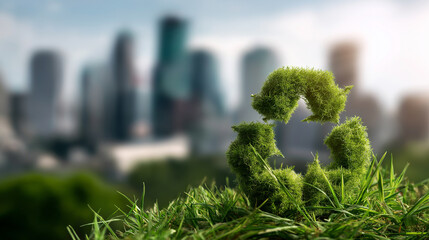 Recycle symbol made nature grass city urban background environmental concept visualization sustainability representation display ecological responsibility scene defocused city