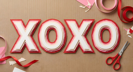 xoxo red paper cut typography, handmade valentine day love craft, textured cardboard background layers, for greeting card, holiday banner, romance design.