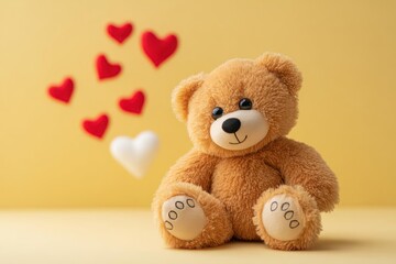 Brown Teddy Bear Sitting with Floating Hearts on Yellow Background