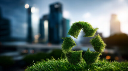 Recycle symbol made nature grass city urban background environmental concept visualization sustainability representation display ecological responsibility scene defocused city