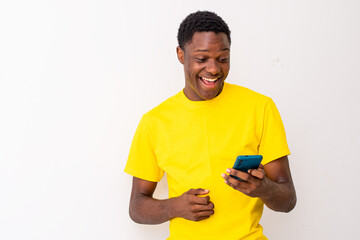 excited young black man checking his smartphone