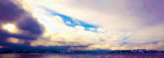 Panoramic of Sunset Billowy and Sweeping Clouds in Sky Over a Lake with Contrast of Lights and Darks - Textured filtered Photo-Blues 