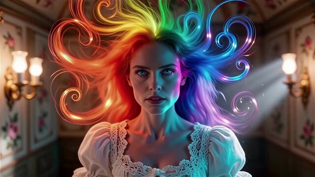 A girl with curly multicolored strands of hair