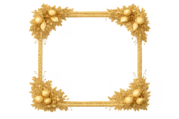 Golden rope frame with ornate floral corners and berries decorated for holiday celebrations, transparent background