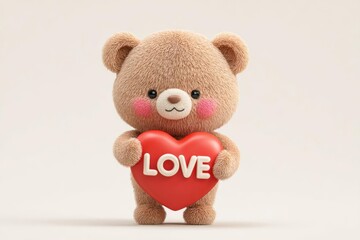 Brown Teddy Bear Holding Red Heart on White Background