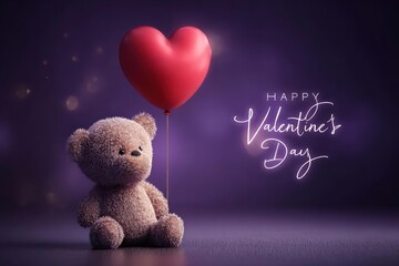 Teddy Bear Holding Red Heart Balloon on Valentines Day
