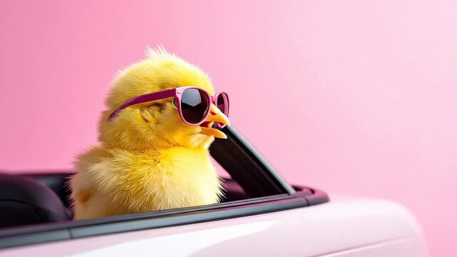 Cute yellow baby chick wearing pink sunglasses sits inside a pink convertible car on a pastel pink background. The chick gently moves its head with minimal motion, creating a playful mood. Easter