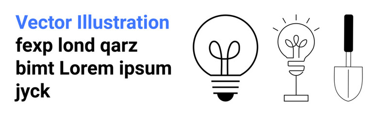 Energy, innovation, gardening, creativity, design, education. Black and white outline of a lightbulb, lit bulb with rays and a gardening shovel alongside placeholder text. Energy and innovation © robu_s