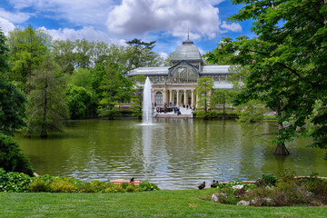 Crystal Palace (Palacio de cristal) in Buen Retiro Park in Madrid, Spain. Retiro Park is one of the largest parks of the city of Madrid.