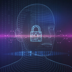 Cybersecurity Concept with Digital Face and Lock Icon