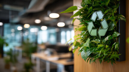 Green recycle symbol decorates office wall eco friendly space team meeting sustainable workplace promotes management eco conscious company culture living wall display