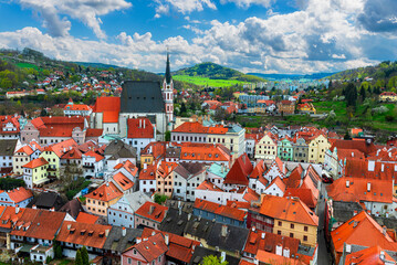 Aerial view of Cesky Krumlov and St. Vitus Church, Czech Republic. Skyline of Cesky Krumlov.