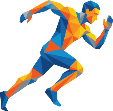Low poly abstract runner silhouette in vibrant orange and blue geometric shapes